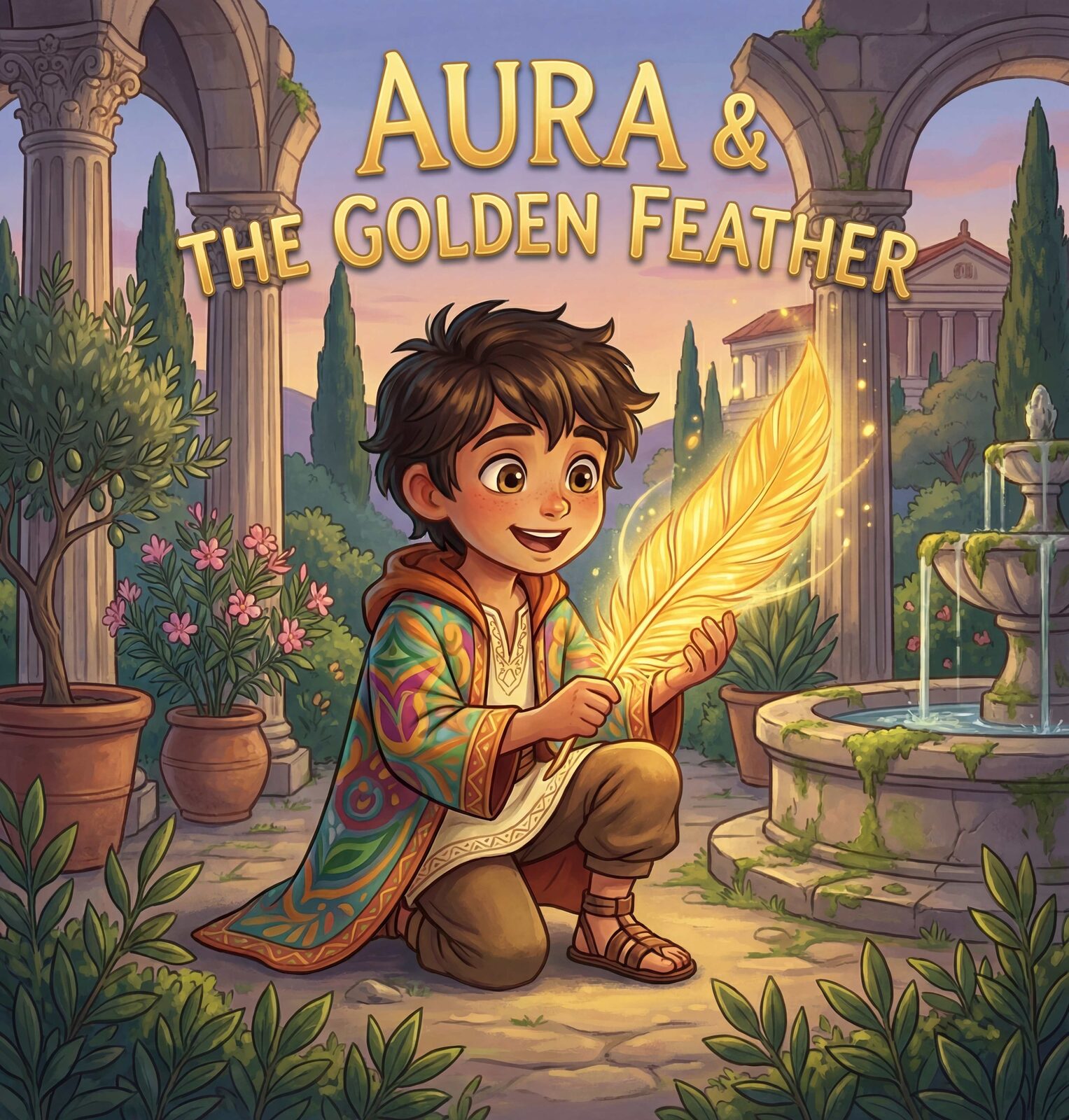Cover of Aura and the Golden Feather, a boy kneeling in a Roman garden holding a glowing golden feather
